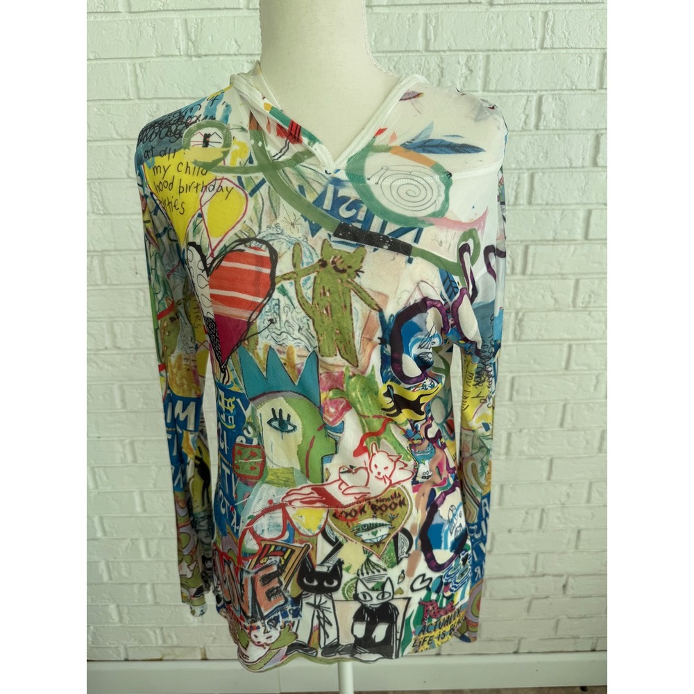 Inoah Mesh Hoodie Women Medium Multi Color Excellent Doodle Graffiti Art Top